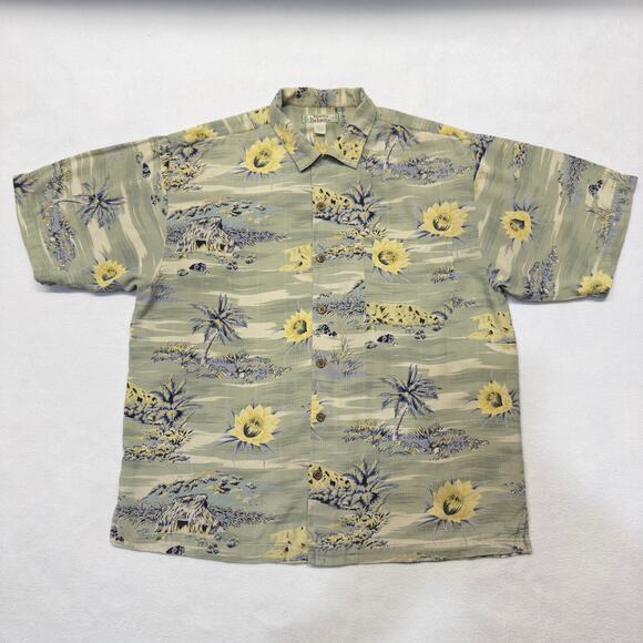 Tommy‎ Bahama Hawaiian Camp Shirt Large Tropical Flowers Huts Islands 100% Silk - Picture 1 of 9